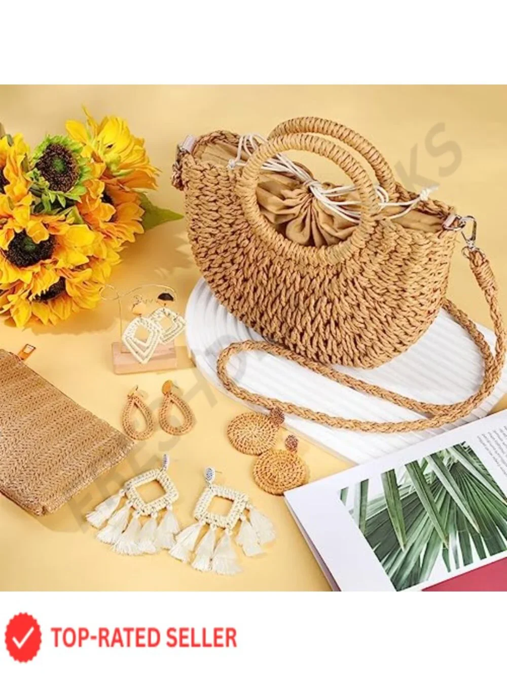 Straw Clutch Purse for Women with Rattan Earrings Set Boho Woven Handbag Summer